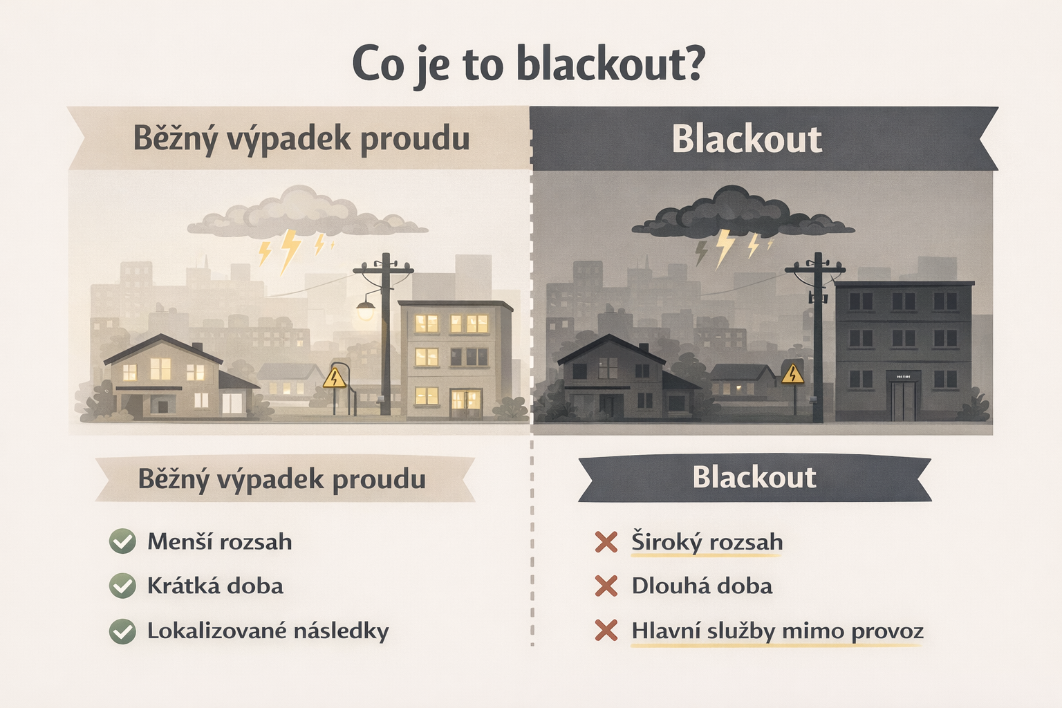 Srovnávací schéma běžného lokálního výpadku a rozsáhlého blackoutu: rozsah, délka, dopad na služby, lokalizace vs. širší dopad.