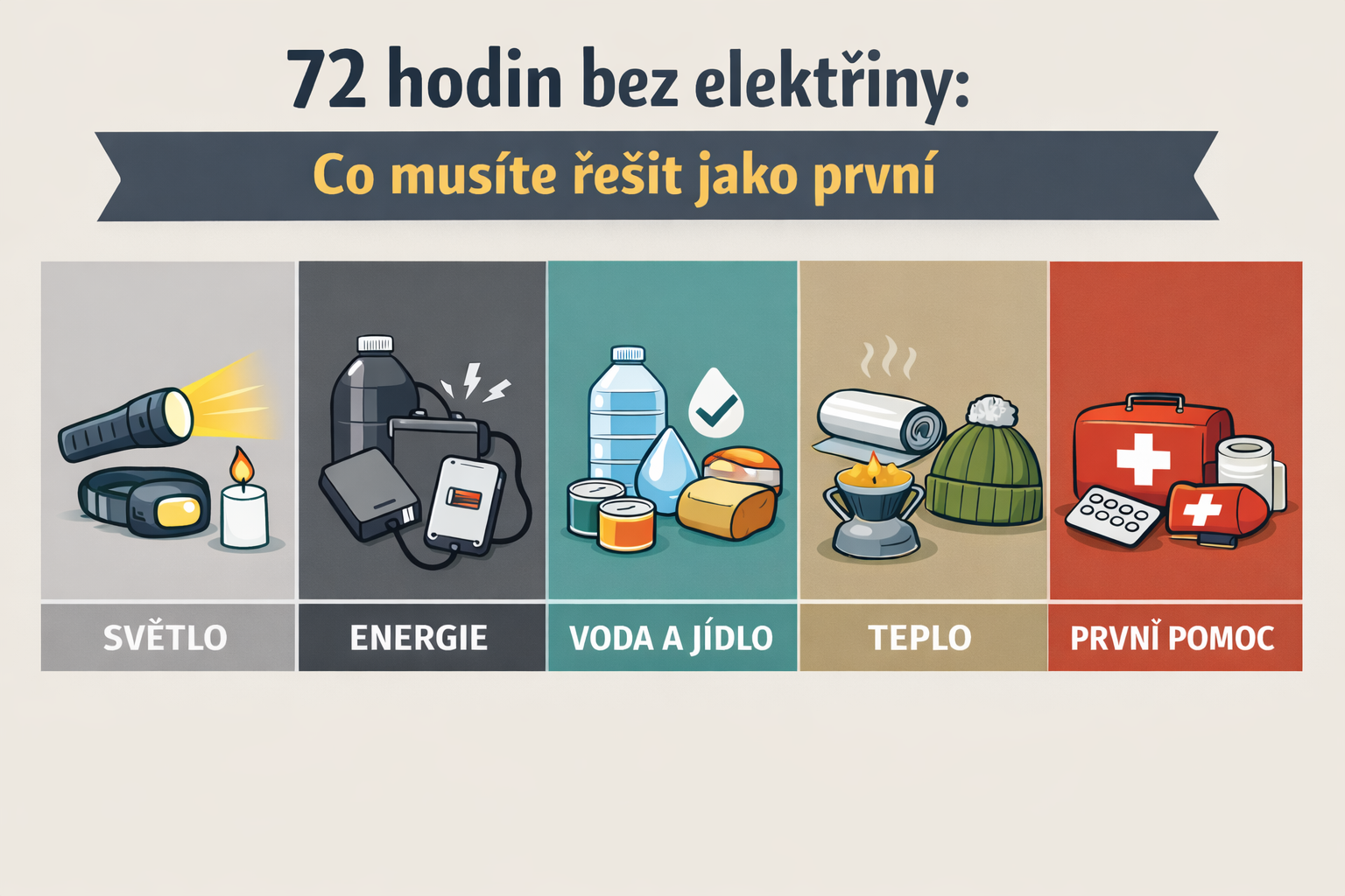 Infografika ukazující pět hlavních priorit domácnosti během 72 hodin bez elektřiny: světlo, energie, voda a jídlo, teplo, první pomoc.