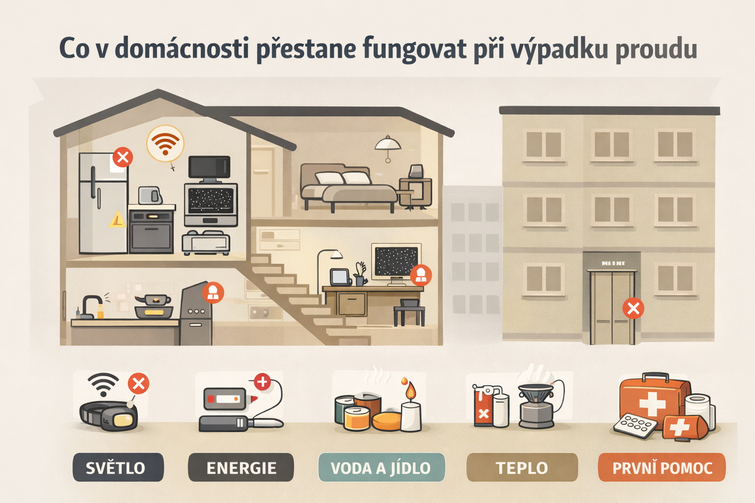 Schéma domácnosti a paneláku s vyznačením toho, co přestane fungovat při výpadku proudu: Wi-Fi, lednice, vaření, voda, nabíjení, výtah, světlo.